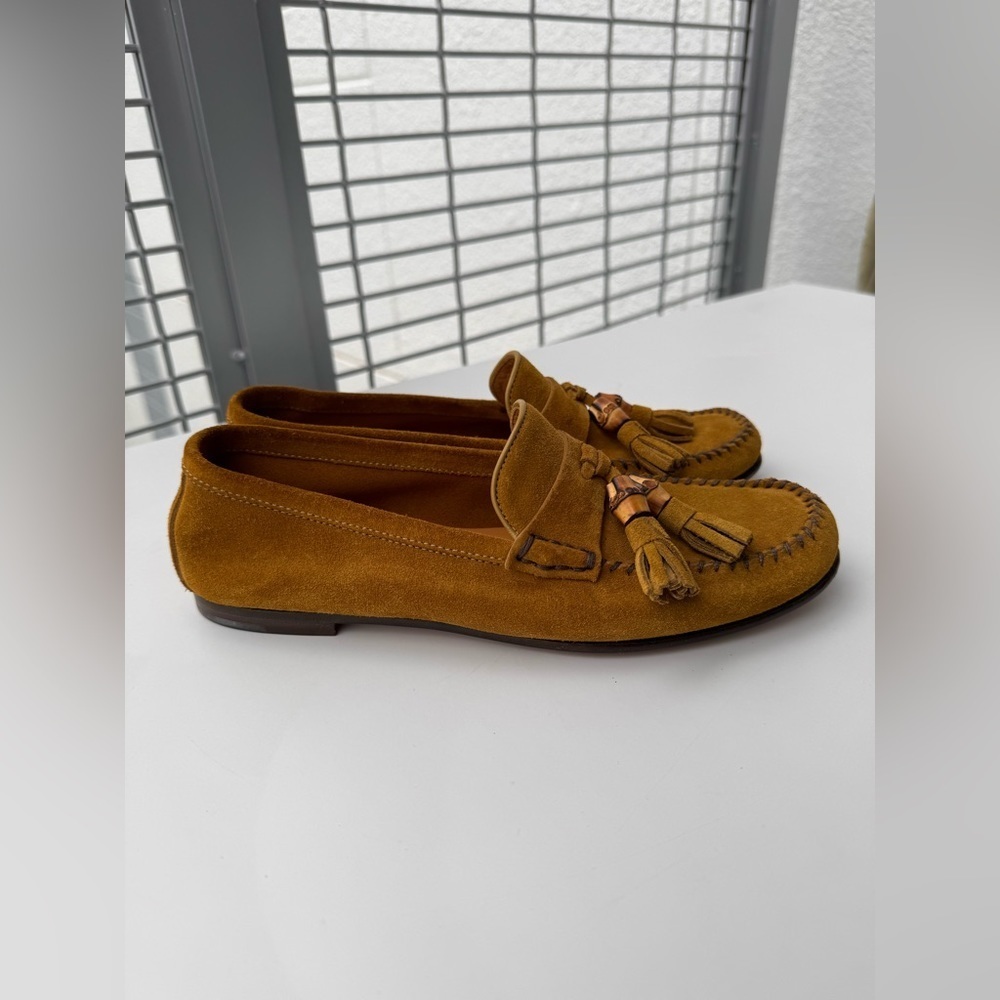 Authentic Gucci Mustard Suede Bamboo Tassel Loafers Flats Size 37.5 US 7.5 - Picture 3 of 8